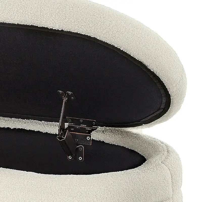 Moderne ovale Aufbewahrungsbank mit Stauraum, gepolstert mit Bouclé-Teddystoff, Sitzbank am Fußende des Bettes, Hocker am Fußende des Bettes