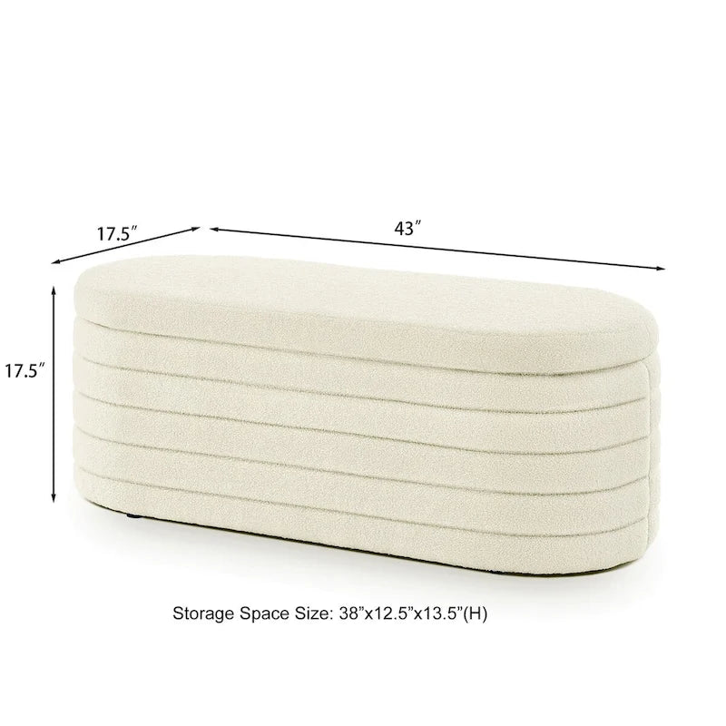 Moderne ovale Aufbewahrungsbank mit Stauraum, gepolstert mit Bouclé-Teddystoff, Sitzbank am Fußende des Bettes, Hocker am Fußende des Bettes
