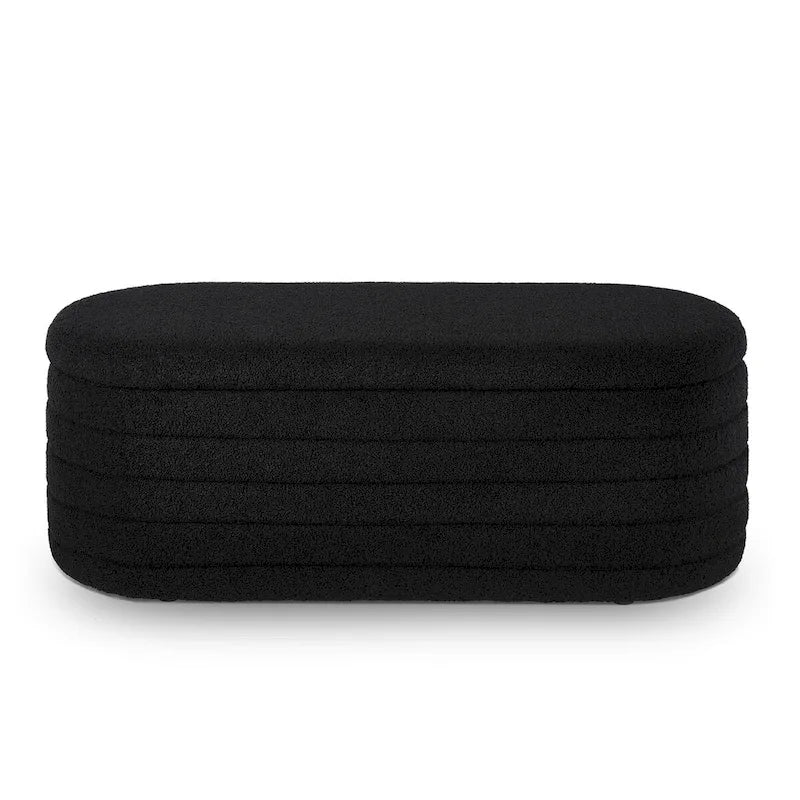 Moderne ovale Aufbewahrungsbank mit Stauraum, gepolstert mit Bouclé-Teddystoff, Sitzbank am Fußende des Bettes, Hocker am Fußende des Bettes