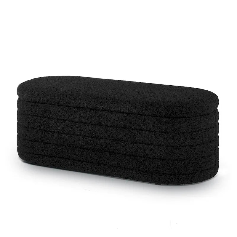 Moderne ovale Aufbewahrungsbank mit Stauraum, gepolstert mit Bouclé-Teddystoff, Sitzbank am Fußende des Bettes, Hocker am Fußende des Bettes