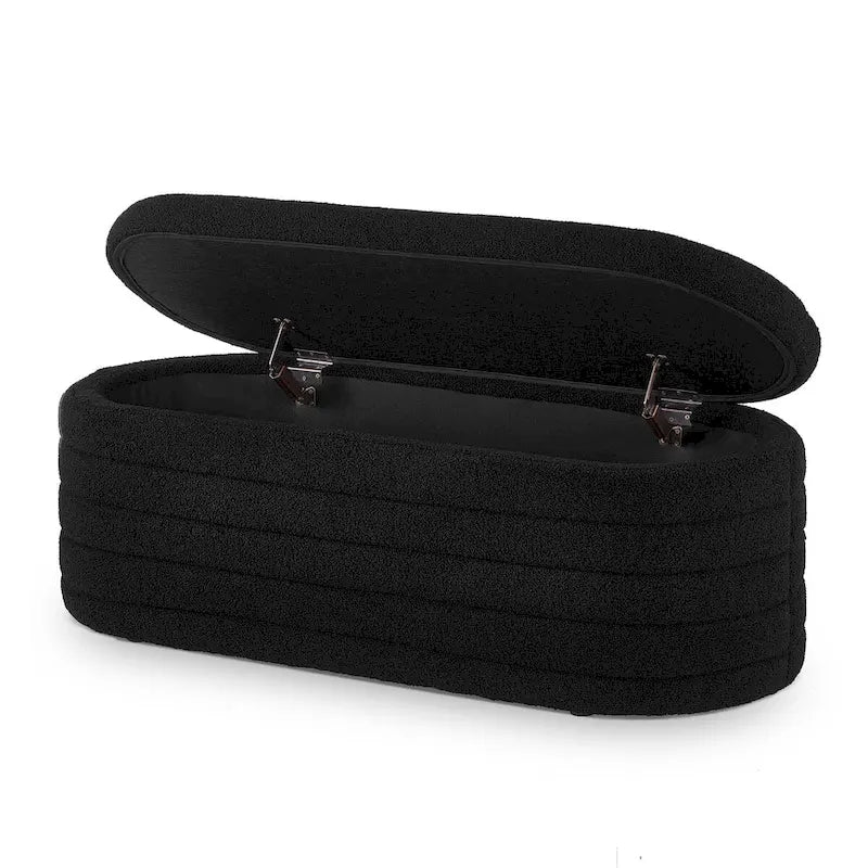 Moderne ovale Aufbewahrungsbank mit Stauraum, gepolstert mit Bouclé-Teddystoff, Sitzbank am Fußende des Bettes, Hocker am Fußende des Bettes