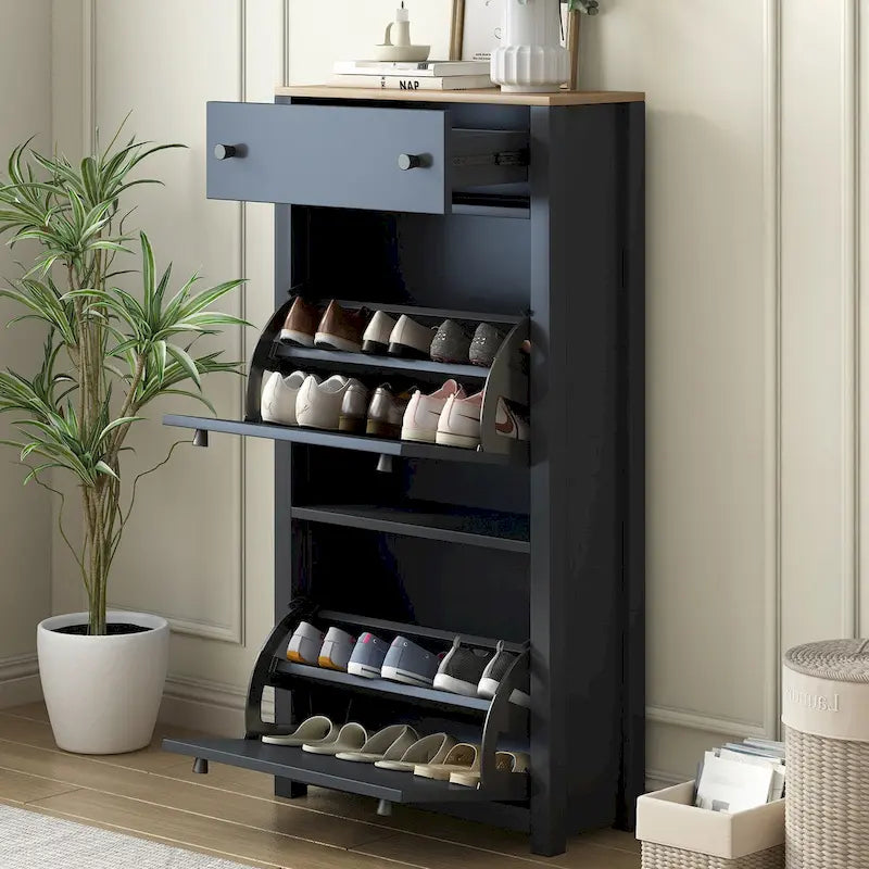 Organizador para entrada con 2 cajones abatibles, zapatero con superficie de estampado de vetas de madera y cajón, con panel ajustable
