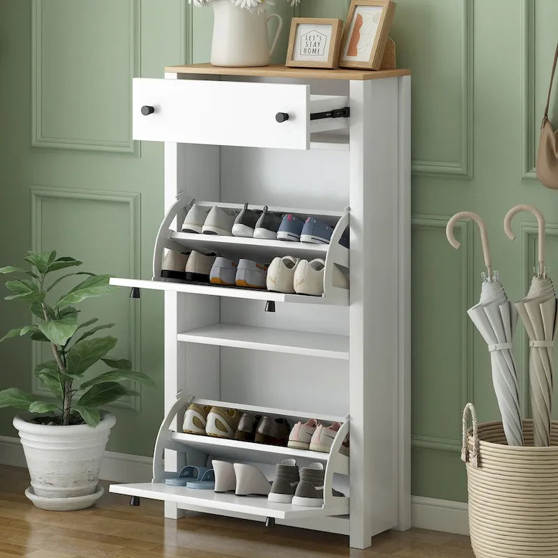 Organizador para entrada con 2 cajones abatibles, zapatero con superficie de estampado de vetas de madera y cajón, con panel ajustable