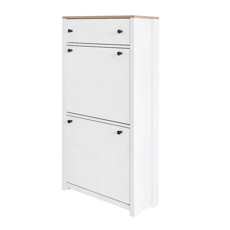 Organizador para entrada con 2 cajones abatibles, zapatero con superficie de estampado de vetas de madera y cajón, con panel ajustable