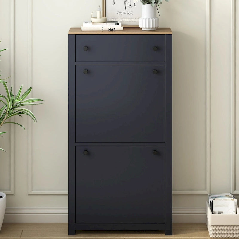 Organizador para entrada con 2 cajones abatibles, zapatero con superficie de estampado de vetas de madera y cajón, con panel ajustable