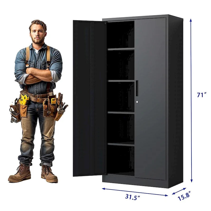 Armario de almacenamiento de metal con cerradura, puertas y 4 estantes, 71H