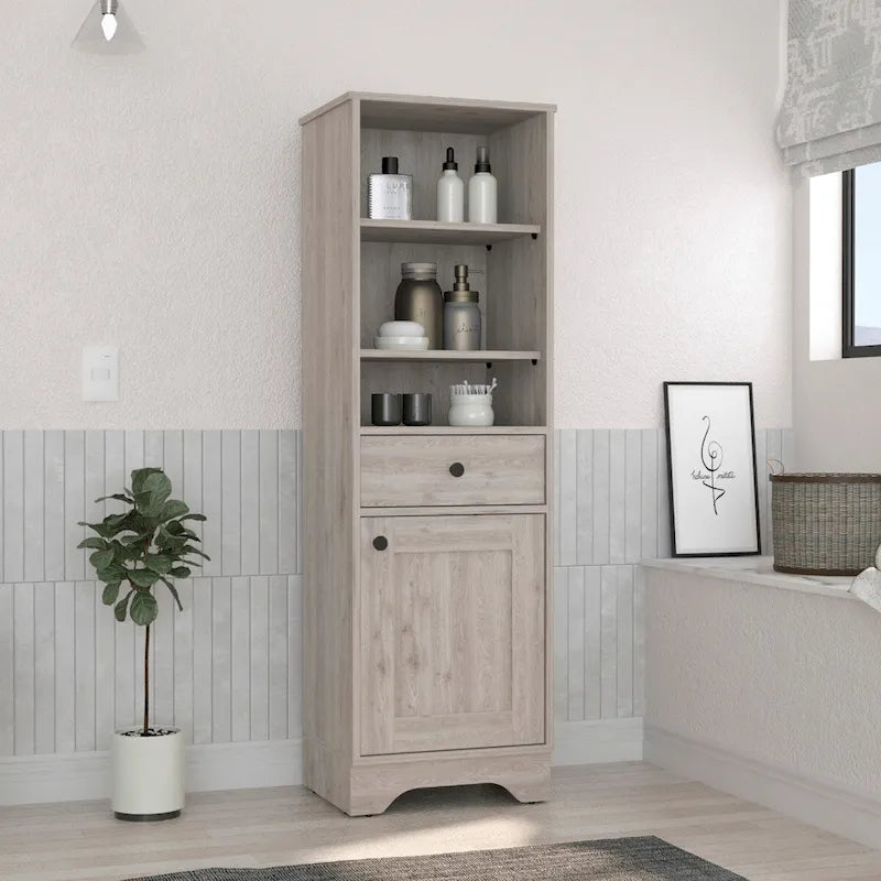 Armario de baño de suelo con dos estantes interiores, dos estantes abiertos y una puerta, para el baño, la cocina o el salón