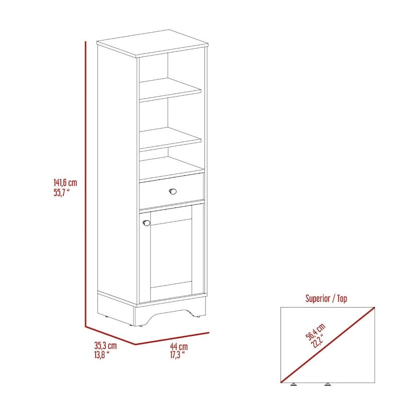 Armario de baño de suelo con dos estantes interiores, dos estantes abiertos y una puerta, para el baño, la cocina o el salón