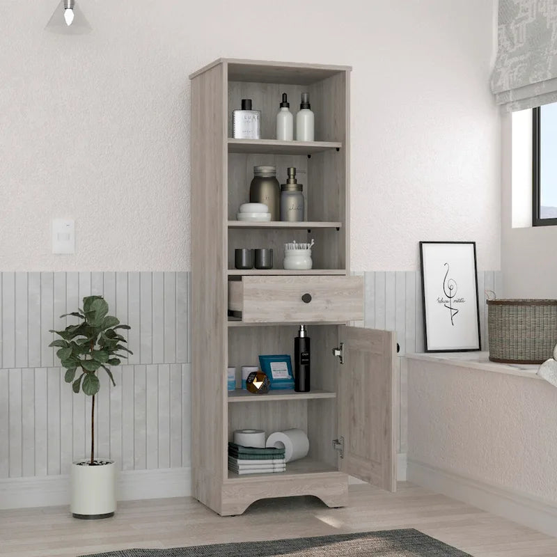 Armario de baño de suelo con dos estantes interiores, dos estantes abiertos y una puerta, para el baño, la cocina o el salón