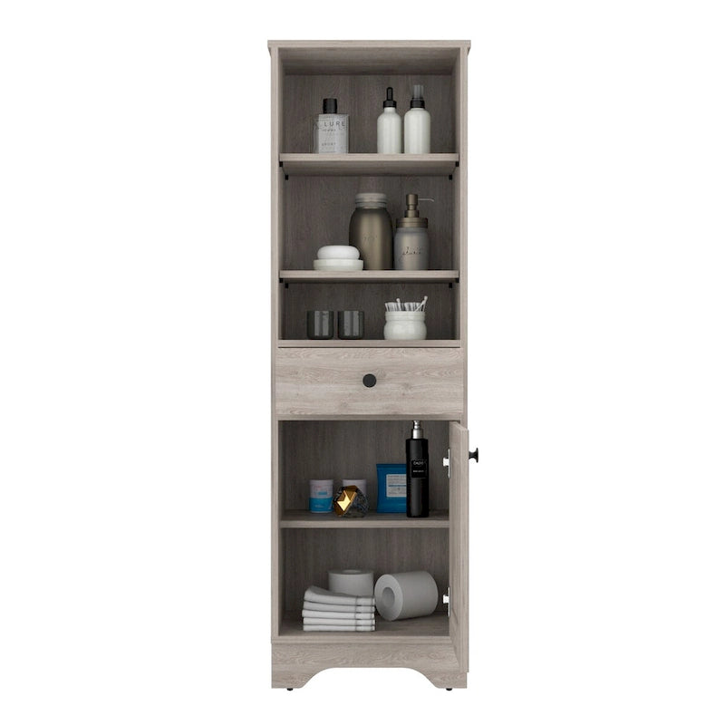 Armario de baño de suelo con dos estantes interiores, dos estantes abiertos y una puerta, para el baño, la cocina o el salón