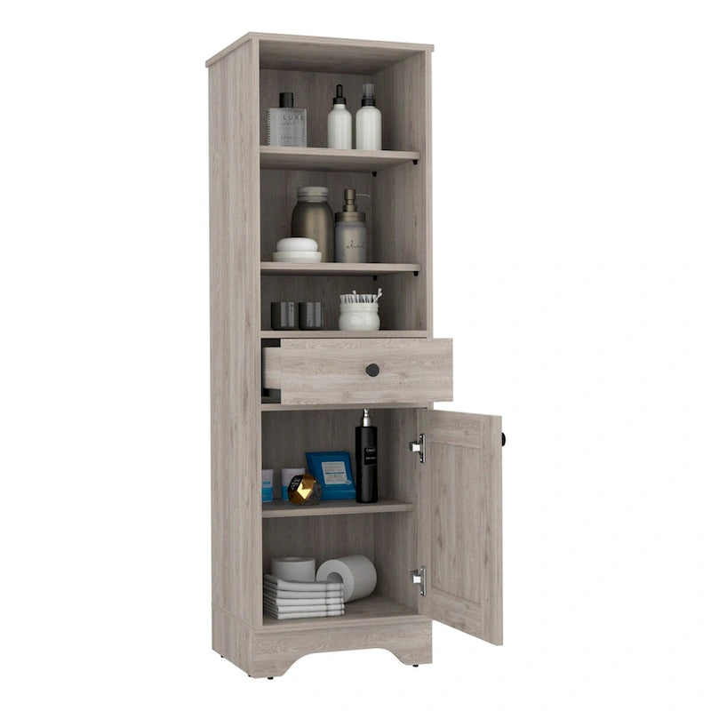 Armario de baño de suelo con dos estantes interiores, dos estantes abiertos y una puerta, para el baño, la cocina o el salón