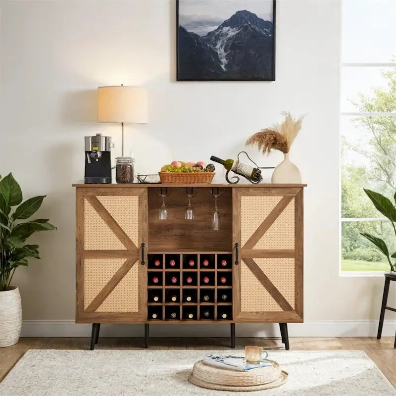 Faux Rattan Barn Door Wine Cabinet with Wine Rack and Wine Glass Rack