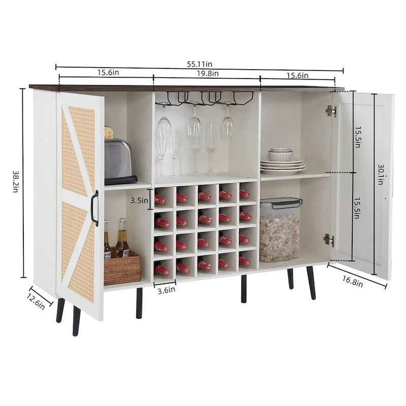 Armario para vinos de ratán sintético con puerta estilo granero, botellero y portacopas
