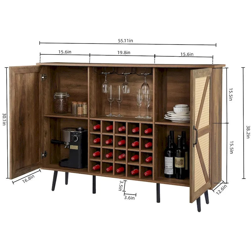 Armario para vinos de ratán sintético con puerta estilo granero, botellero y portacopas