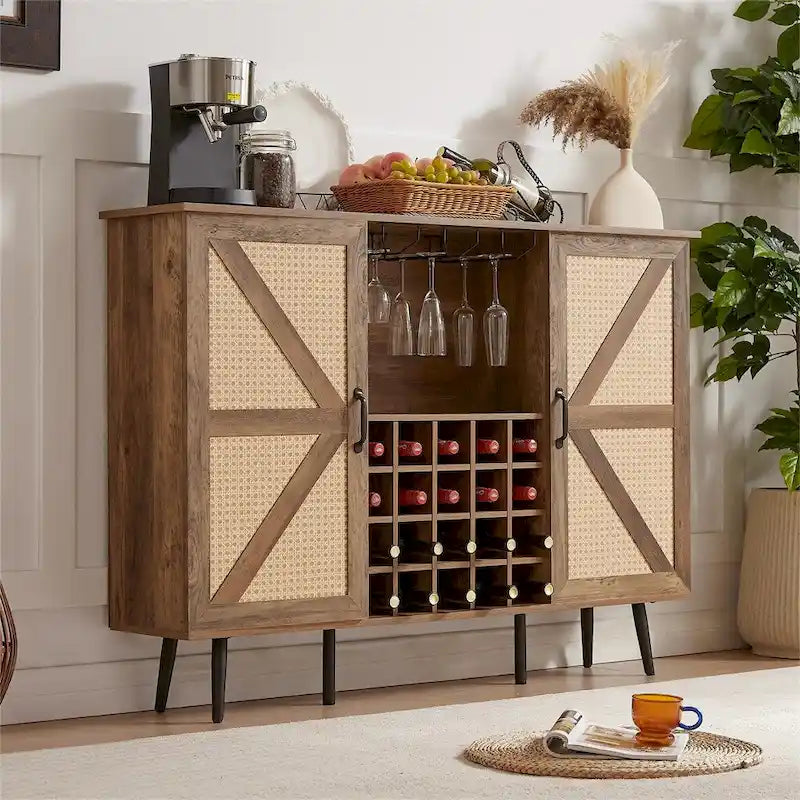 Armario para vinos de ratán sintético con puerta estilo granero, botellero y portacopas