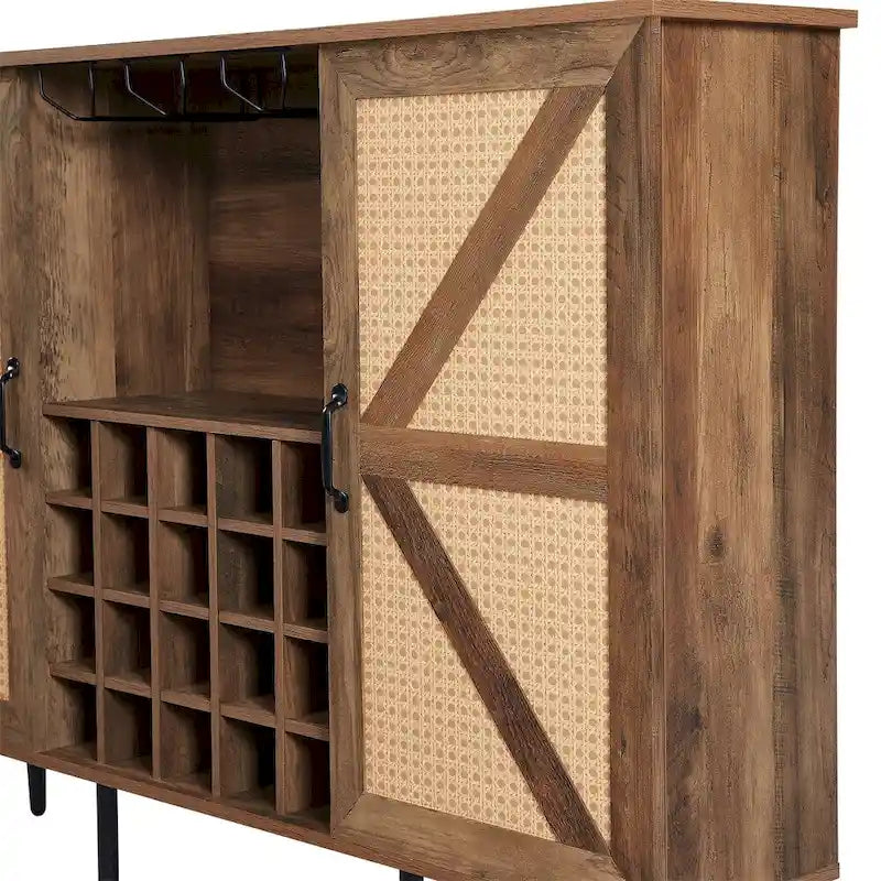 Armario para vinos de ratán sintético con puerta estilo granero, botellero y portacopas
