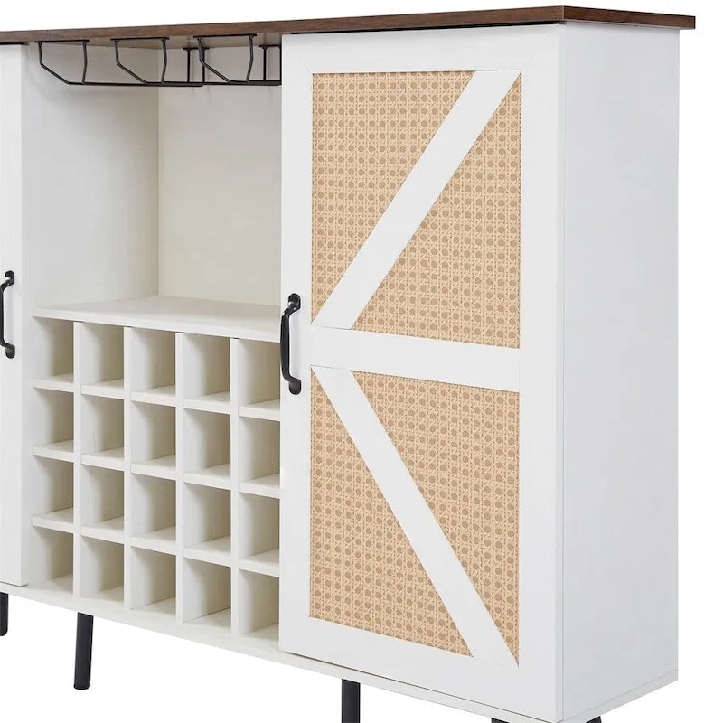 Armario para vinos de ratán sintético con puerta estilo granero, botellero y portacopas