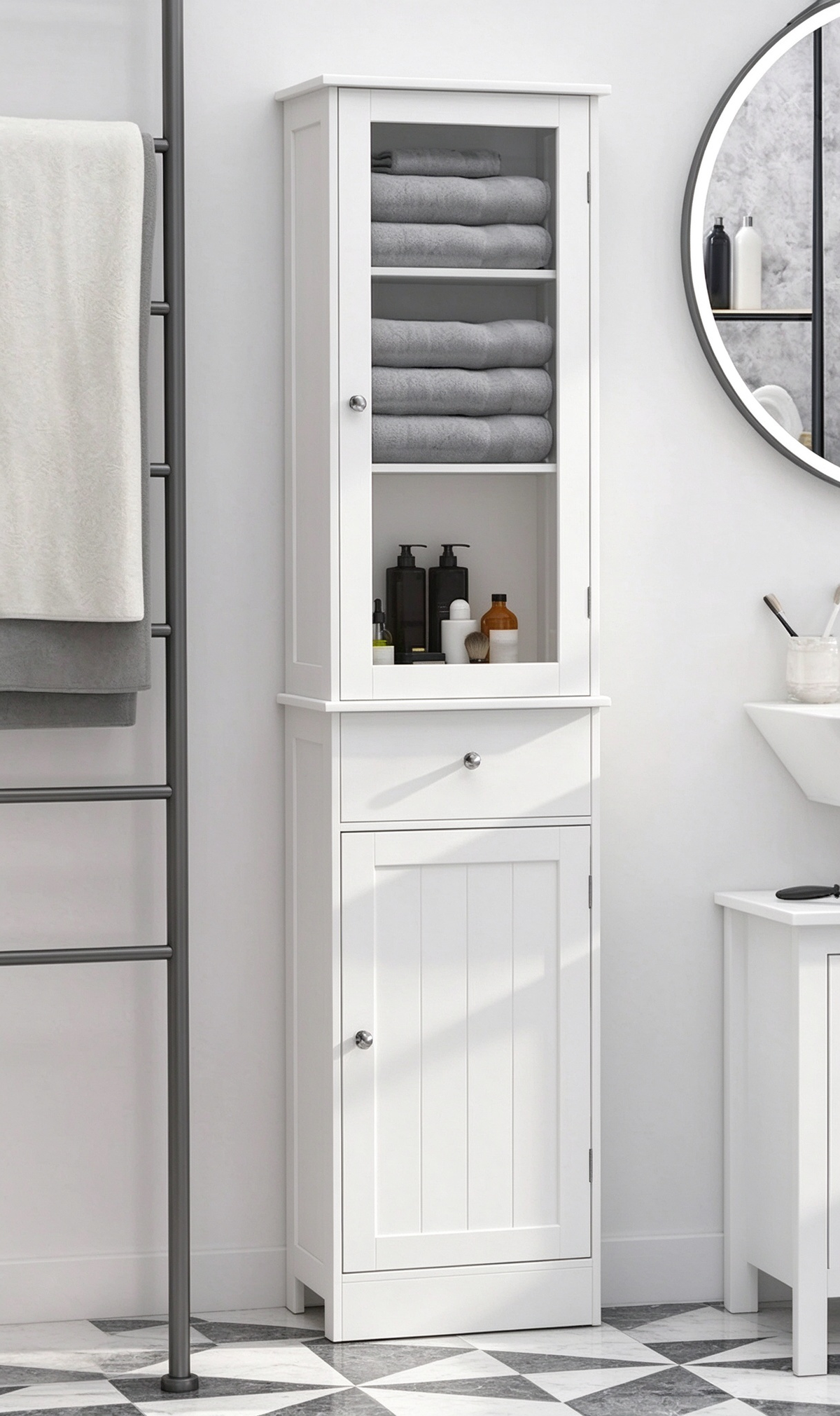 Armario de almacenamiento delgado para baño, armario alto para baño, torre estrecha para ropa de cama